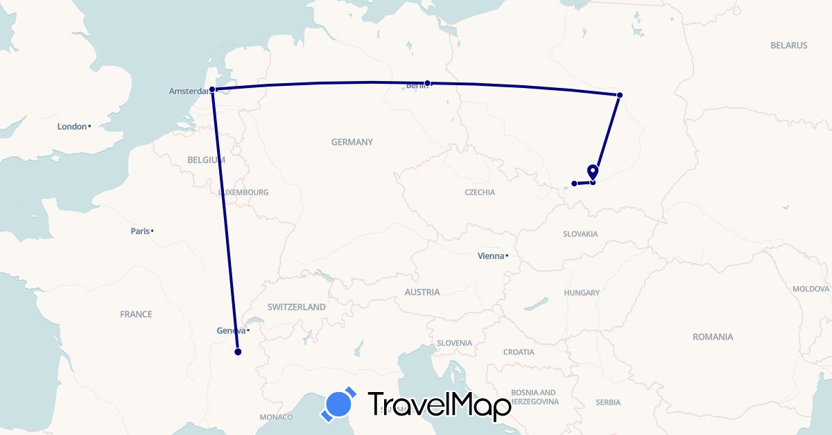 TravelMap itinerary: driving in Germany, France, Netherlands, Poland (Europe)